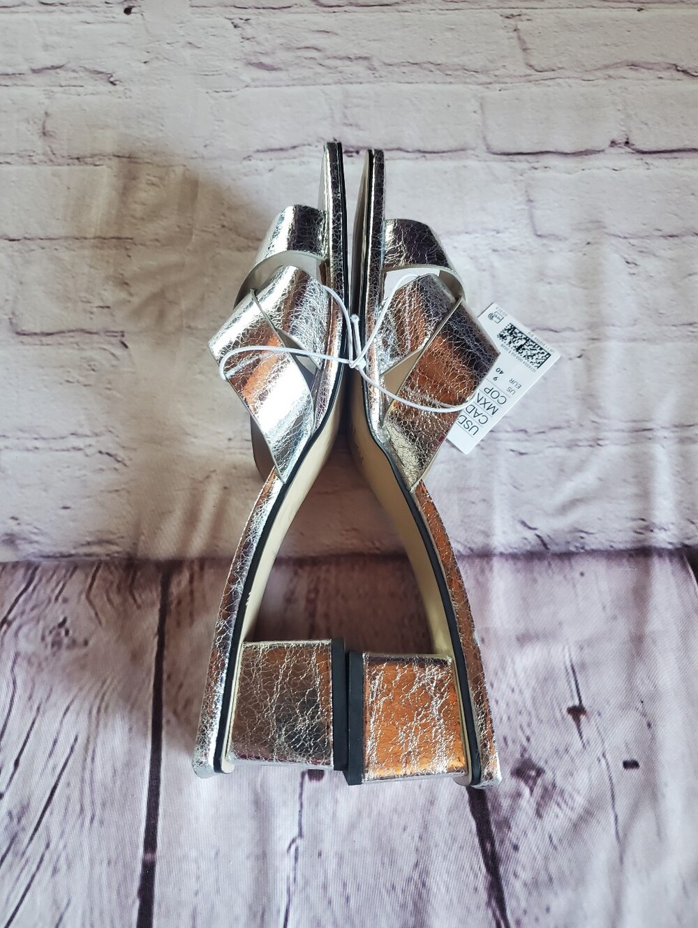Metallic Silver Low Block Heel Slide Sandals Square Toe Crossover Foot Straps 9 - Picture 9 of 14